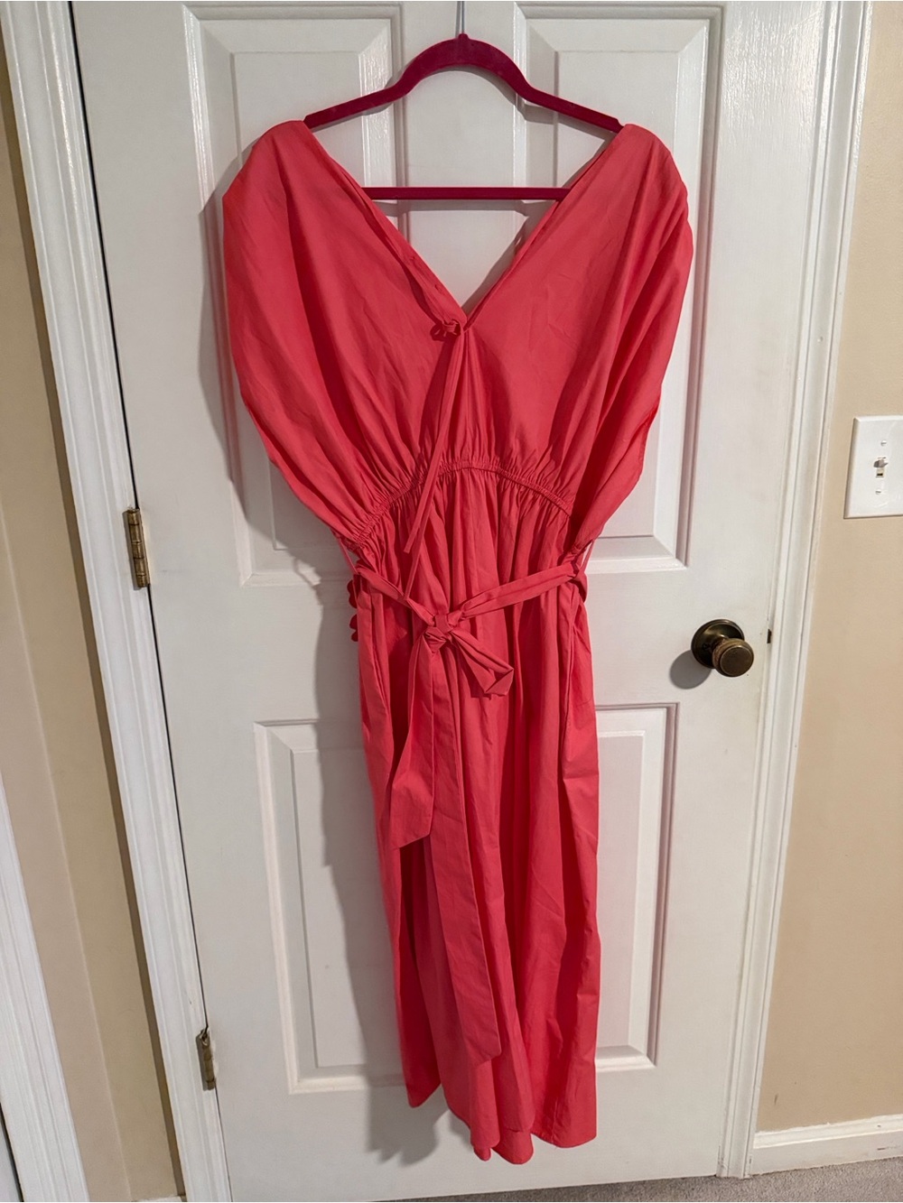 Lucy Paris Coral-Pink Floral-Waist V-Neck Midi Dress with Floral Waist - Picture 6 of 7